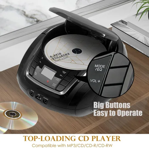 Miniatura 3 de LONPOO Reproductor de CD portátil Boombox con radio FM/USB/Bluetooth/entrada AUX y salida de jack de auriculares, altavoz de sonido estéreo