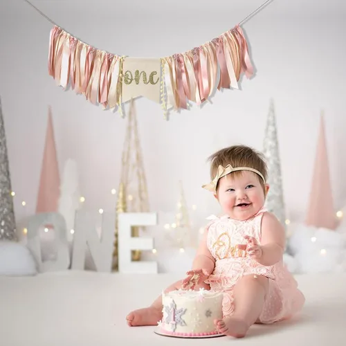 Miniatura 3 de Cartel de oro rosa para silla de bebé, decoración de fiesta de cumpleaños rosa, pancarta dorada para silla de alta para niña de primer cumpleaños