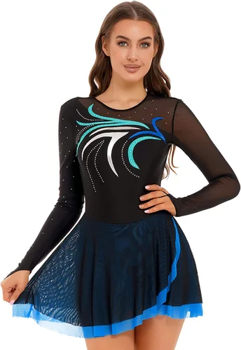 Miniatura 2 de FEESHOW Vestidos líricos de patinaje artístico para mujer, leotardos de baile de diamantes de imitación, uniformes de baile de ballet mayorette