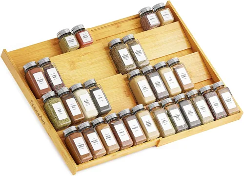 SpaceAid Organizador de cajones de especias de bambú, (necesita cajón de 3 pulgadas de profundidad), estante de especias expandible de 4 niveles