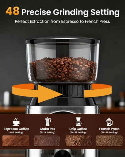 Miniatura 2 de Molinillo de café con rebabas cónicas eléctricas, con 48 ajustes precisos, molinillos de café antiestáticos para uso doméstico, molinillo de fresas