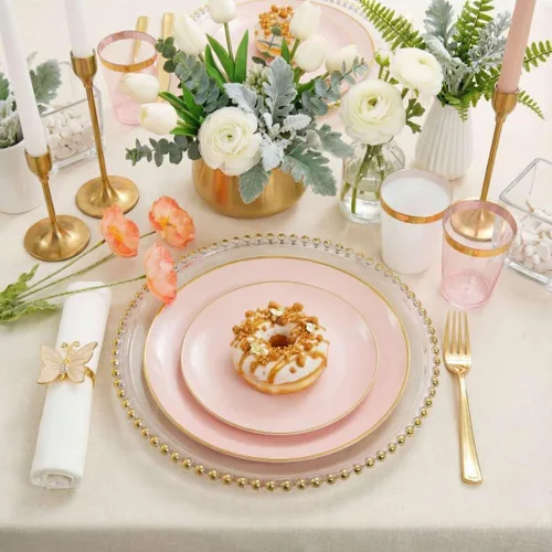 Miniatura 6 de Rubtlamp Juego de 210 platos de plástico rosa con cubiertos de plástico dorado que incluye 30 platos de cena rosa y 30 platos de postre, cubiertos