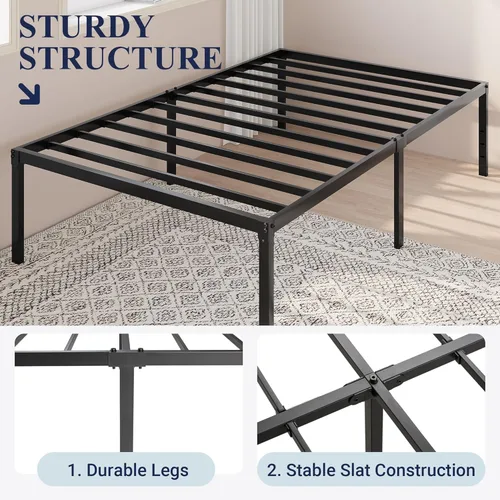 Miniatura 7 de Allewie Base de cama individual, camas de plataforma de metal de 18 pulgadas con espacio de almacenamiento, no necesita somier y fácil montaje, Negro