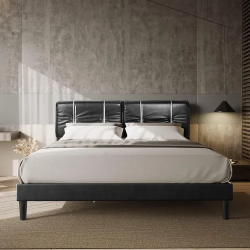Miniatura 2 de BONSOIR Base de cama tamaño Queen tapizada de perfil bajo moderna con cabecera de piel sintética, no necesita somier, no necesita falda de cama