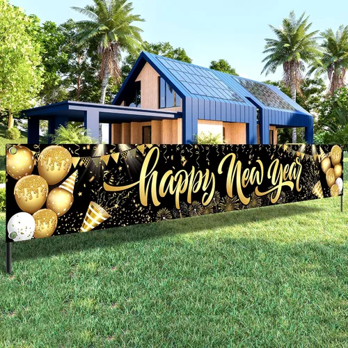 Miniatura 9 de KatchOn, XtraLarge Pancarta de Feliz Año Nuevo 2026-120X20 Pulgadas Letrero de Jardín de Año Nuevo para Decoraciones de Nochevieja 2026 Pancarta