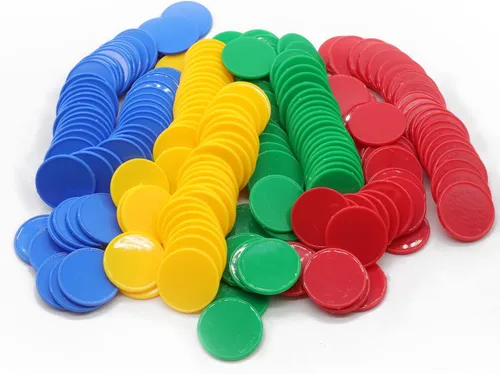 Juego de 100 fichas de juego de fichas de póquer de plástico opaco con caja de almacenamiento (rojo+amarillo+azul real+verde, 1 pulgada)