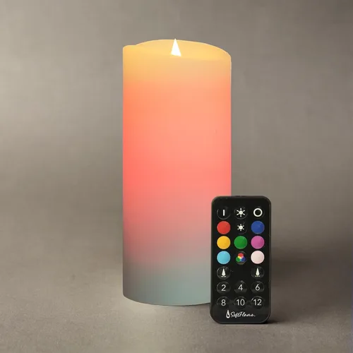 Vela de pilas sin llama multicolor parpadeante con llama en movimiento, pilar LED de 3"x 7", cera real, blanca, control remoto con temporizador