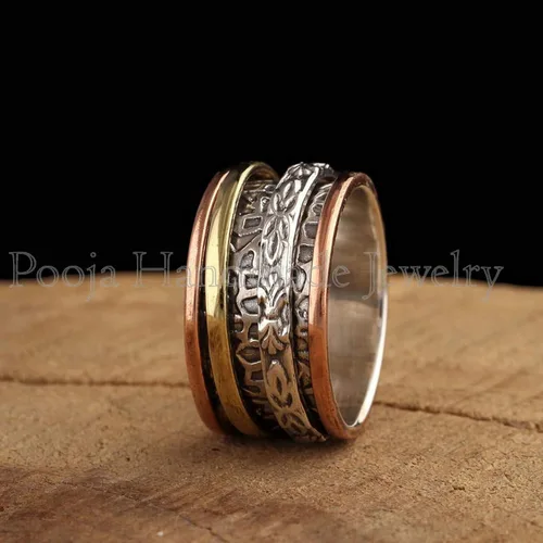 Miniatura 2 de Pooja Handmade Jewelry 925 Silver Ring, Fidget Ring For Women, Meditation Band Ring, Handmade Ring, Two Tone Ring, Boho Ring, Heavy Silver Ring, Mix