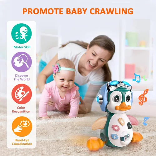 Miniatura 2 de MOONTOY Juguetes musicales de pingüino gateador para bebés de 0-3-6 6-12 meses, juguetes luminosos para tiempo boca abajo, juguetes de baile