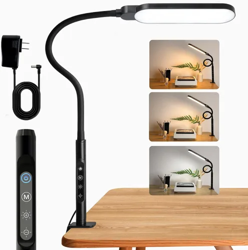 BQAN Lámpara de escritorio LED con abrazadera, 15 W con clip para cuidado de los ojos, lámparas de escritorio de cuello de cisne ajustable para