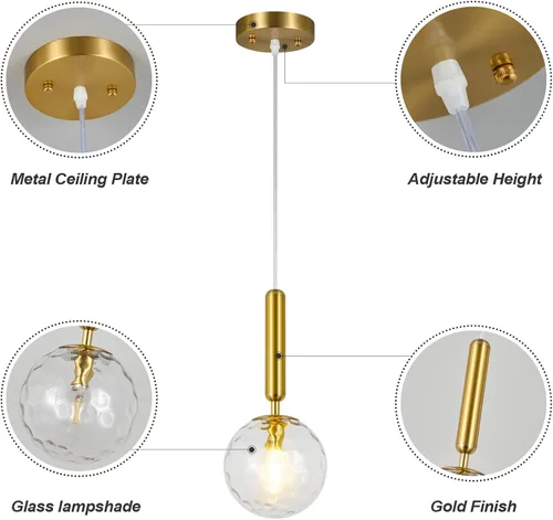 Miniatura 7 de Lámpara Colgante Moderna Dorada Luminaria Colgante para Isla de Cocina de Mediados de Siglo con Lámpara Colgante de Globo Vidrio Transparente Oro