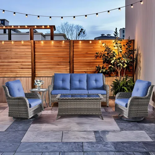 Miniatura 102 de HUMMUH Sillas Mecedoras Giratorias de Mimbre para Patio Exterior con Respaldo Alto, Sillas Deslizantes de Ratán PE, Juego de Muebles de Patio de 4