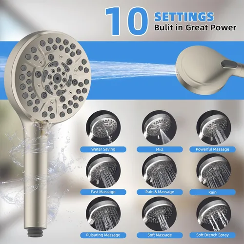 Miniatura 2 de Cabezal de ducha de metal, 8 pulgadas de alta presión con brazo de extensión de 11 pulgadas, cabezal de ducha de mano de 10 pulverizadores, manguera