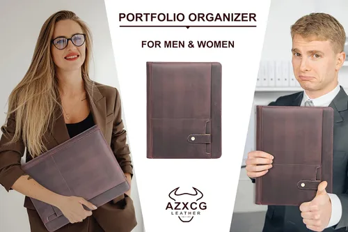 Miniatura 5 de AZXCG Portafolio de cuero para hombre, hecho a mano, con cremallera, organizador de documentos de negocios para cuaderno tamaño carta A4, funda