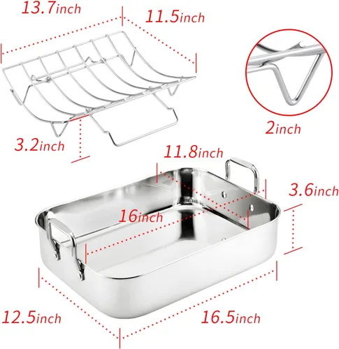 Miniatura 3 de JY COOKMENT Sartén para Asar con Estante para Hornear, Sartén para Pavo de Acero Inoxidable de 16.5 Pulgadas con Estante, Regador. Excelente