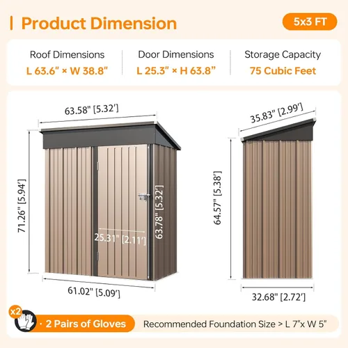 Miniatura 3 de Cobertizo de almacenamiento para exteriores de 5 x 3 pies, cobertizo de herramientas de jardín de metal con techo inclinado y puerta con cerradura