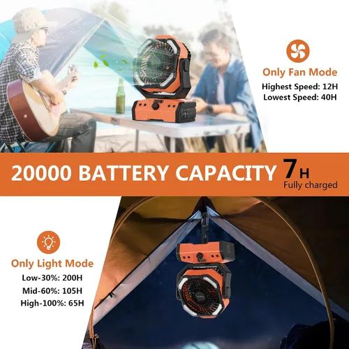 Miniatura 2 de Easywave Ventilador de camping con linterna LED: tienda de campaña de 20000 mAh recargable con batería para exteriores, ventilador oscilante
