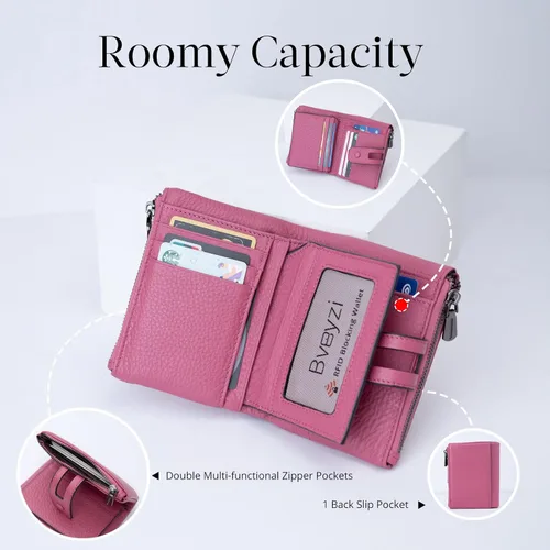 Miniatura 2 de Bveyzi Cartera pequeña de cuero suave para mujer, con bloqueo RFID, tarjetero con doble bolsillo con cremallera