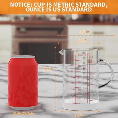 Miniatura 7 de 77L Vaso medidor de vidrio, 2 tazas/16.9 fl oz, taza medidora con mango y boquilla en forma de V, vaso de vidrio con tres escalas (OZ, taza, ML)