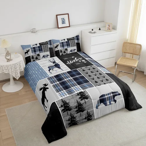 Miniatura 4 de Juego de edredón individual de aventura rústica para niños, juego de ropa de cama navideña de ciervos, osos y pinos para niños y adultos, decoración
