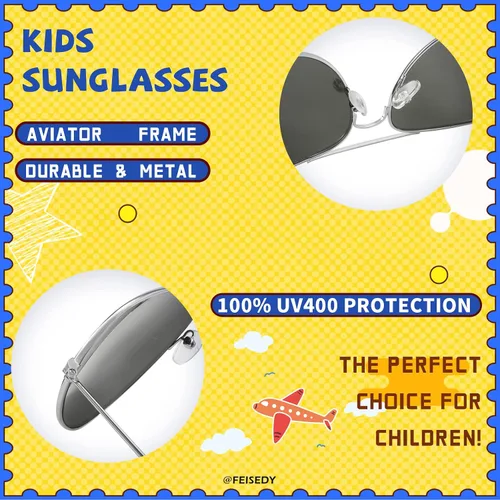 Miniatura 4 de FEISEDY Lentes de sol clásicos para niños y niñas, lentes de sol piloto reflectantes con marco de metal, para bebés de 3 a 16 años, B2786