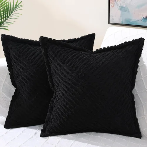 decorUhome Juego de 2 fundas de almohada decorativas negras de 16 x 16 pulgadas con empalme, fundas de almohada bohemias de pana neutra suave de