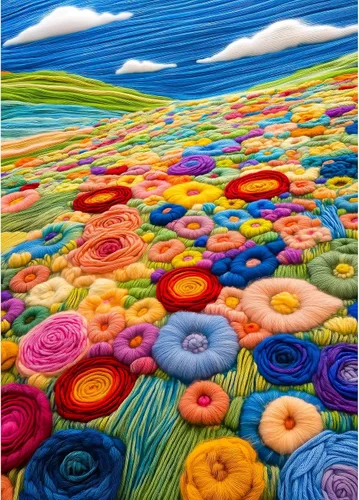 Bgraamiens -Hierba de flores derretidas flores coloridas en un prado exuberante, arte de flores únicas, decoración de pared de fieltro de lana