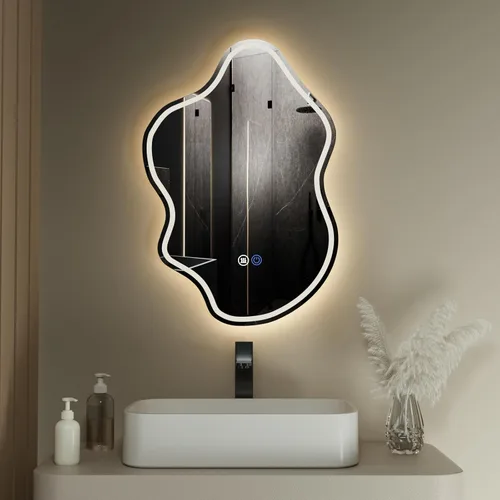 Espejo de baño LED irregular de 32 x 22 pulgadas con luces, espejo LED inteligente de nube para baño, espejo de baño iluminado regulable con