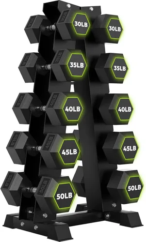 Miniatura 12 de HANDBODE Rubber Coated Hex Dumbbell Set with A-Frame Rack, 100 lb - 550 lb Multiple Options Weight, Hexagon Non-Rolling Shape, Ergonomic Knurled