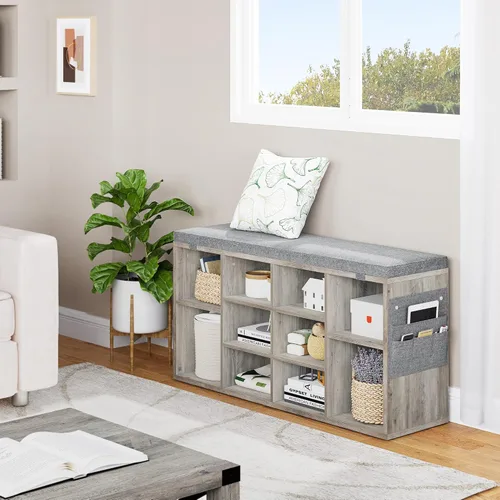 Miniatura 4 de GAOMON Banco de almacenamiento de zapatos de entrada con 10 cubículos, zapatero con cojín, estante ajustable de 3 niveles para entrada, sala