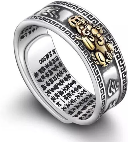 SUKKCCNO Anillo abierto PiXiu de plata de ley 925 vintage con nubes auspiciosas, sapo dorado, Vajra, grabado, amuleto budista de Feng Shui, anillo