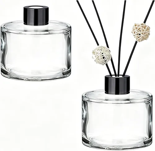 Juego de 2 botellas redondas difusoras de vidrio con tapas negras, frascos difusores vacíos recargables de vidrio, botellas difusoras de fragancia,