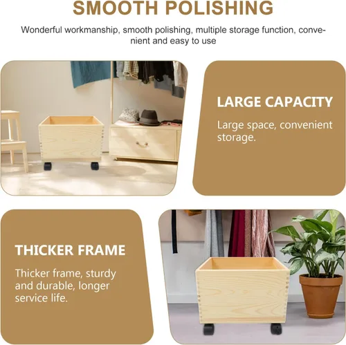 Miniatura 9 de Cabilock Caja de almacenamiento de madera con tapa y ruedas, organizador portátil de artículos diversos, contenedor de almacenamiento para el hogar