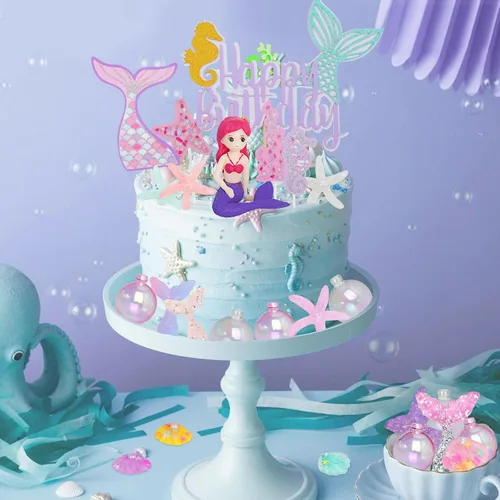 Miniatura 7 de Decoración de pastel de sirena para niña, 30 piezas, figura de sirenita bajo el mar, océano, decoración de tartas, algas, burbujas, estrellas