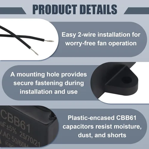 Miniatura 4 de Wadoy CBB61 - Condensador para ventilador de techo de 2 cables, 4.5uF, compatible con 450/400/350/300/250VAC, condensador de conexión de relé