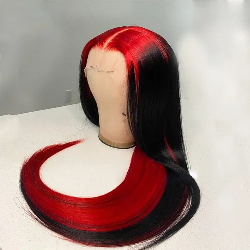 Miniatura 4 de JYZ Peluca de encaje frontal rojo degradado, densidad del 150%, lacio de 13 x 4, cabello brasileño, prearrancado, encaje marrón medio, 18 pulgadas