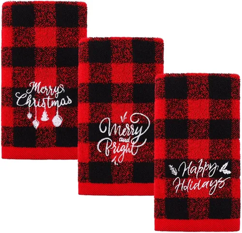 MCEAST Paquete de 3 toallas de mano de Navidad, 18 x 14 pulgadas, color rojo y negro, a cuadros, suaves, toallas de algodón puro para baño, cocina,