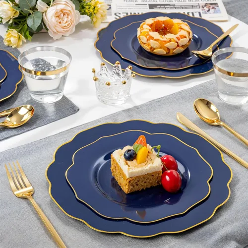 Miniatura 4 de bUCLA 180 piezas platos de plástico azul - azul marino y borde dorado desechables incluye 30 de cada uno (cena y postre) platos, 30 cuchillos, 30