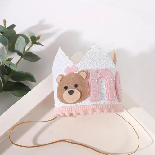 Miniatura 9 de Corona de oso de peluche de primer cumpleaños para niñas, sombrero de oso pequeño, decoración de una campista feliz