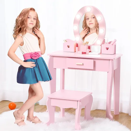 Miniatura 5 de Garvee Juego de tocador para niños, juego de mesa y silla para niñas con espejo iluminado, taburete y juego de maquillaje de madera, rosa