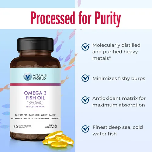 Miniatura 5 de Vitamin World Suplemento de aceite de pescado Omega 3 Triple Strength de 1360 mg, 950 mg de ácidos grasos omega-3 activos con EPA y DHA, apoya
