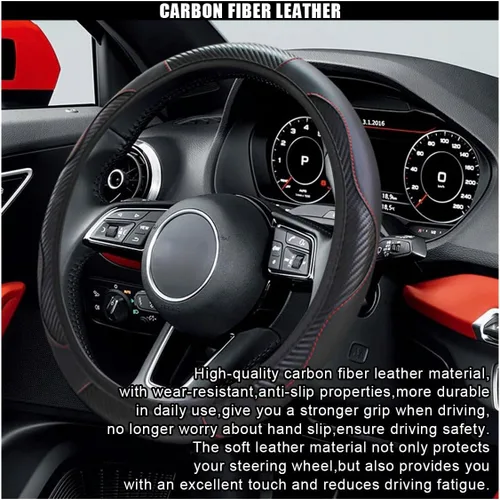 Miniatura 5 de Funda para volante de automóvil, protector de volante elástico de cuero de fibra de carbono de 15 pulgadas, antideslizante, transpirable y suave