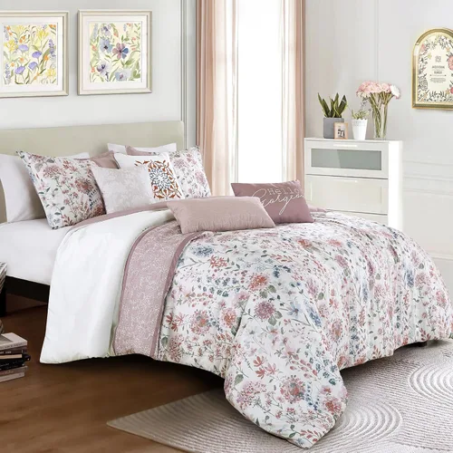 Miniatura 24 de ESCA Juego de edredón floral morado Queen - 7 piezas de ropa de cama botánica ciruela malva