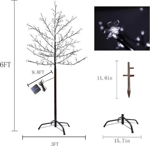Miniatura 5 de FUCHSUN - Luz solar de árbol de cerezo de 6 pies, 200 luces LED iluminadas para árbol de jardín al aire libre, luces de camino para patio, boda