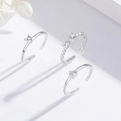 Miniatura 2 de Juego de anillos de circonita cúbica de plata de ley 925, anillos de trébol de cuatro hojas, banda abierta ajustable, anillos apilables, joyería
