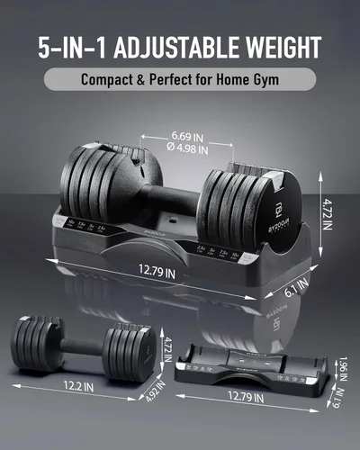 Miniatura 6 de ByZoom Fitness - Mancuerna ajustable de 12.5/25 libras – Unidad individual O juego de 2 – Peso ajustable 5-en-1 para gimnasio en casa, entrenamiento