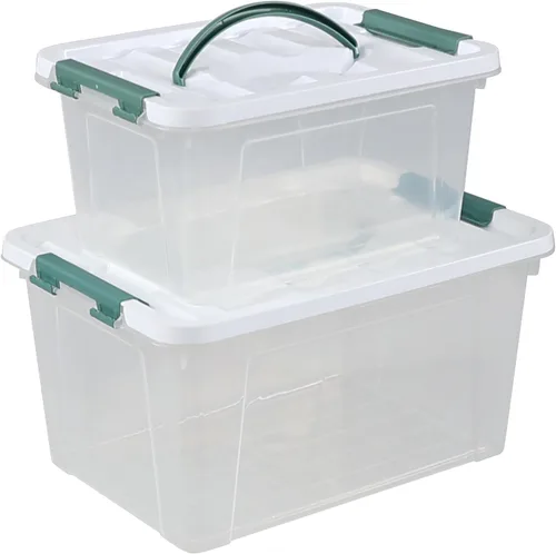Caja de almacenamiento transparente, paquete de 2 contenedores organizadores de plástico con asa y tapas (14 cuartos de galón y 7 cuartos de galón)