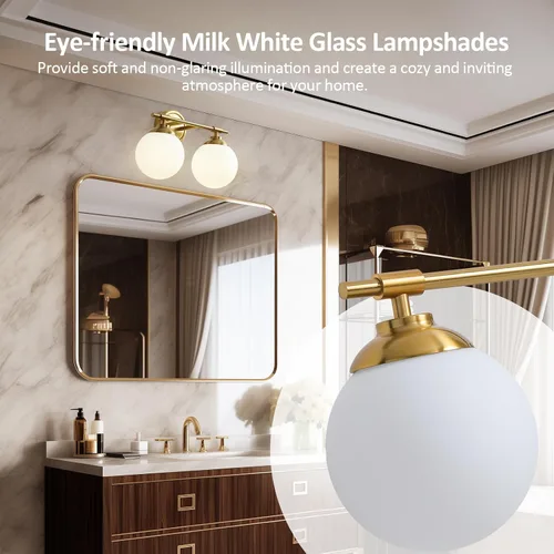 Miniatura 7 de Rayogale Lámparas de baño doradas, ETL 2 luces de tocador sobre espejo con vidrio esmerilado, iluminación suave, apliques de baño de 15 pulgadas