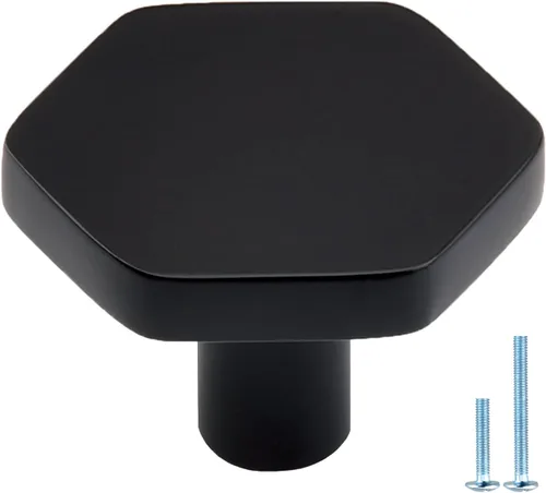 Paquete de 6 pomos negros para cajones de tocador, perillas hexagonales de 1-1/4 pulgadas para armario de cocina, baño, acabado negro mate