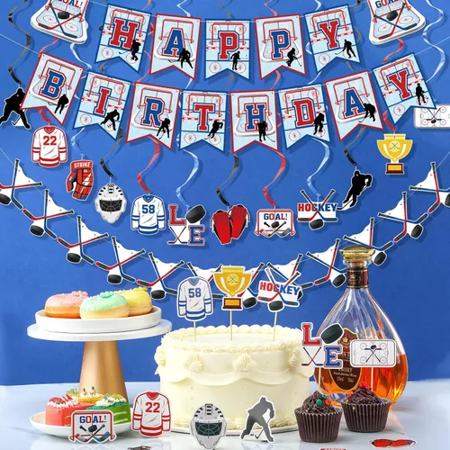 Miniatura 5 de 27 piezas de suministros de fiesta de cumpleaños de hockey bola de hielo, regalos de fiesta de hockey para cupcakes, remolinos colgantes
